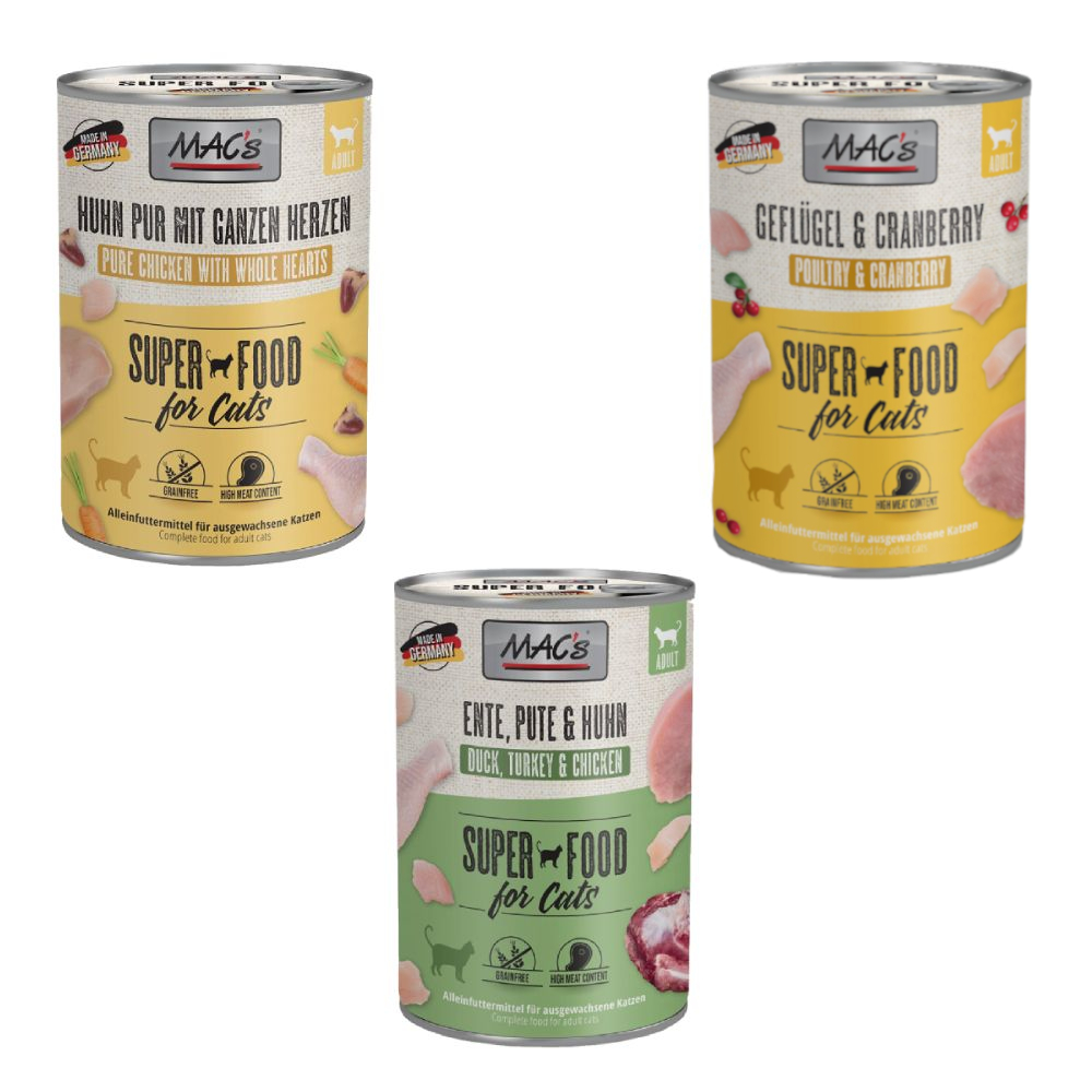 MAC´s Kombi-Paket 18 x 400 g Nassfutter - 6 x 400 g Geflügel & Cranberry + 6 x 400 g Huhn PUR mit ganzen Geflügelherzen + 6 x 400 g Ente, Pute, Huhn MAC´s Kombi-Paket 18 x 400 g Nassfutter - 6 x 400 g Geflügel & Cranberry + 6 x 400 g Huhn PUR mit ganzen Geflügelherzen + 6 x 400 g Ente, Pute, Huhn von MAC's
