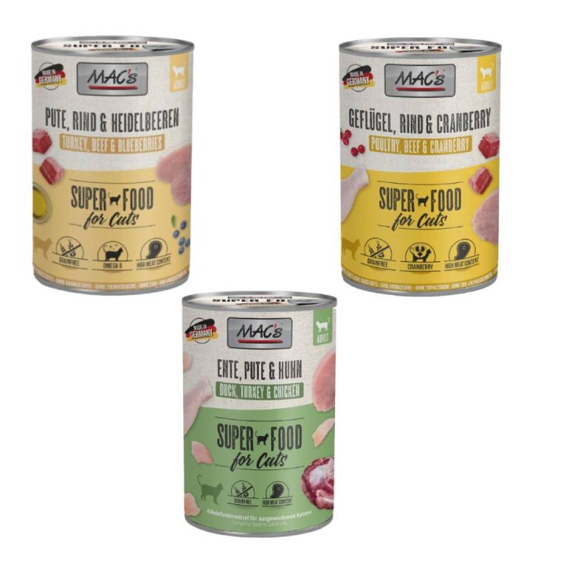 MAC´s Kombi-Paket 18 x 400 g Nassfutter - 6 x 400 g Pute, Rind & Heidelbeeren + 6 x 400 g Lachs & Huhn + 6 x 400 g Huhn PUR mit ganzen Geflügelherzen von MAC's