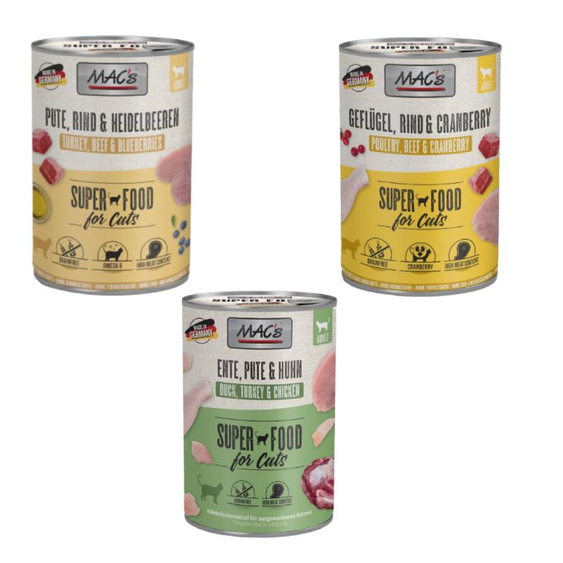 MAC´s Kombi-Paket 18 x 400 g Nassfutter - 6 x 400 g Pute, Rind & Heidelbeeren + 6 x 400 g Ente, Pute, Huhn + 6 x 400 g Geflügel, Rind & Cranberry von MAC's
