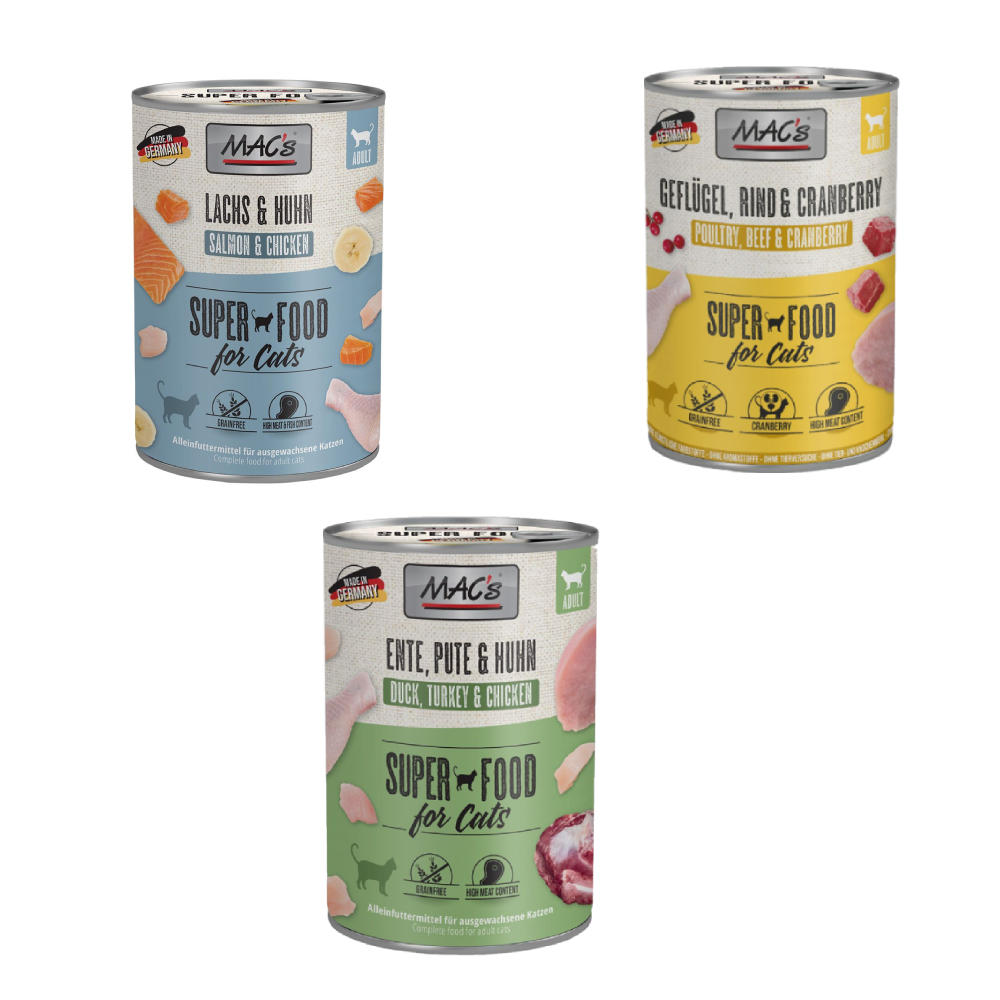 MAC´s Kombi-Paket 18 x 400 g Nassfutter - 6 x 400 g Pute, Rind & Heidelbeeren + 6 x 400 g Ente, Pute, Huhn + 6 x 400 g Kalb & Pute MAC´s Kombi-Paket 18 x 400 g Nassfutter - 6 x 400 g Pute, Rind & Heidelbeeren + 6 x 400 g Ente, Pute, Huhn + 6 x 400 g Kalb & Pute von MAC's