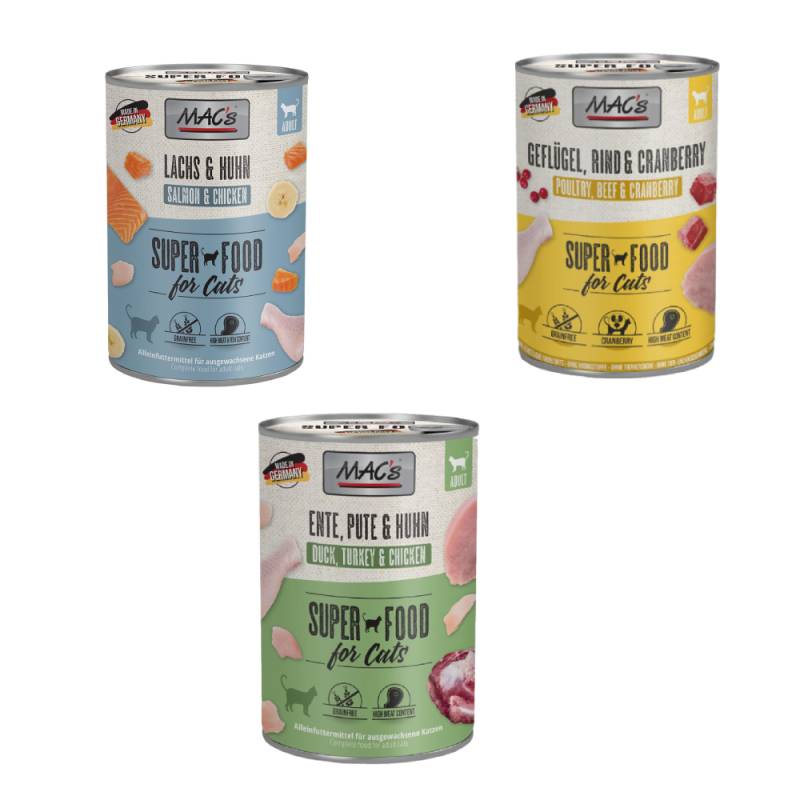 MAC´s Kombi-Paket 18 x 400 g Nassfutter - 6 x 400 g Pute, Rind & Heidelbeeren + 6 x 400 g Ente, Pute, Huhn + 6 x 400 g Kalb & Pute von MAC's