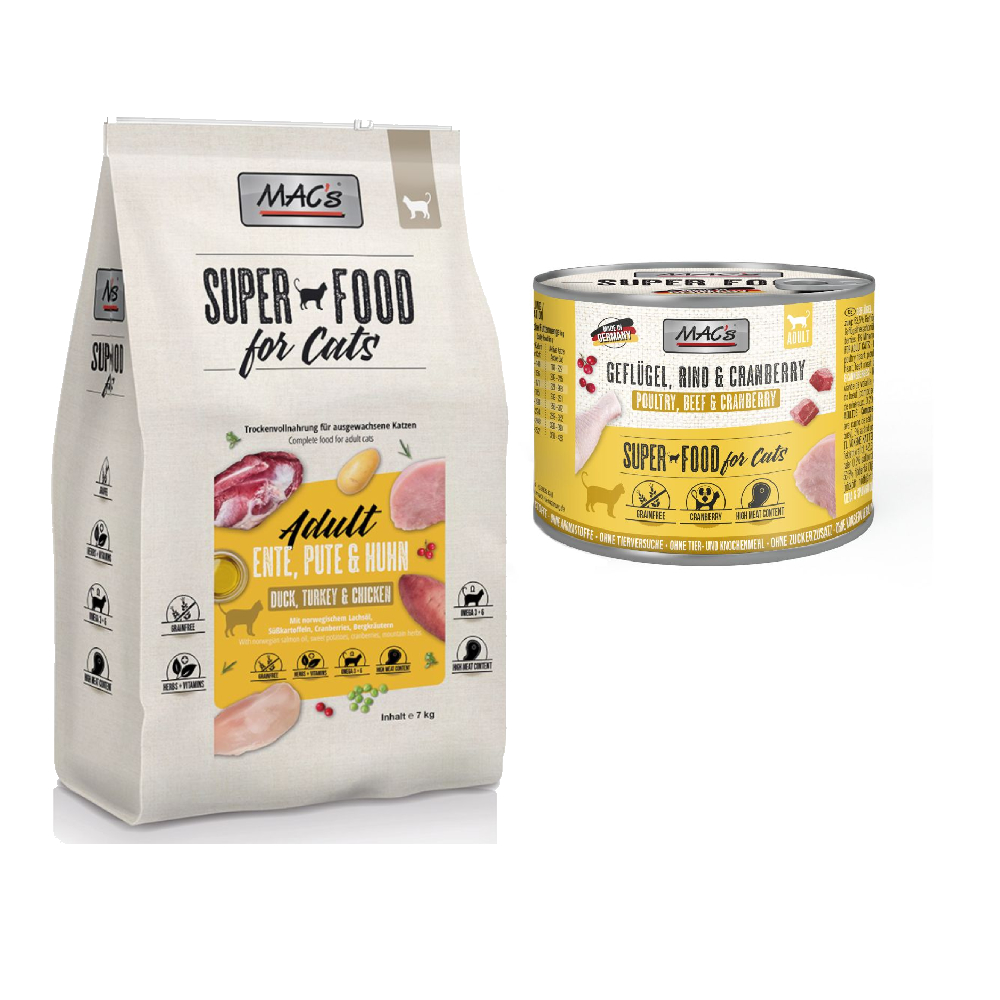 MAC´s Kombi-Paket: 12 x 200g Nassfutter + 2 x 1,5 kg Superfood Trockenfutter - 12 x 200 g Geflügel, Rind & Cranberry + 2 x 1,5 kg Adult Ente, Pute & Huhn MAC´s Kombi-Paket: 12 x 200g Nassfutter + 2 x 1,5 kg Superfood Trockenfutter - 12 x 200 g Geflügel, Rind & Cranberry + 2 x 1,5 kg Adult Ente, Pute & Huhn von MAC's