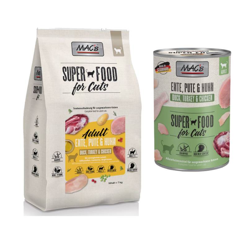 MAC´s Kombi-Paket: 12 x 400 g Nassfutter + 2 x 1,5 kg Superfood Trockenfutter   - 12 x 400 g Ente, Pute, Huhn + 2 x 1,5 kg Adult Ente, Pute & Huhn von MAC's