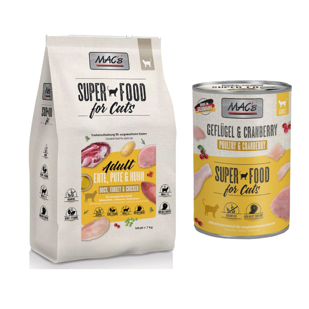 MAC´s Kombi-Paket: 12 x 400 g Nassfutter + 2 x 1,5 kg Superfood Trockenfutter   - 12 x 400 g Geflügel & Cranberry + 2 x 1,5 kg Adult Ente, Pute & Huhn von MAC's