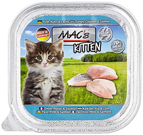 Mac's Katzenfutter getreidefrei Kitten Pute, Huhn, Lachs, 85 g, 16er Pack (16 x 85g) von MAC's
