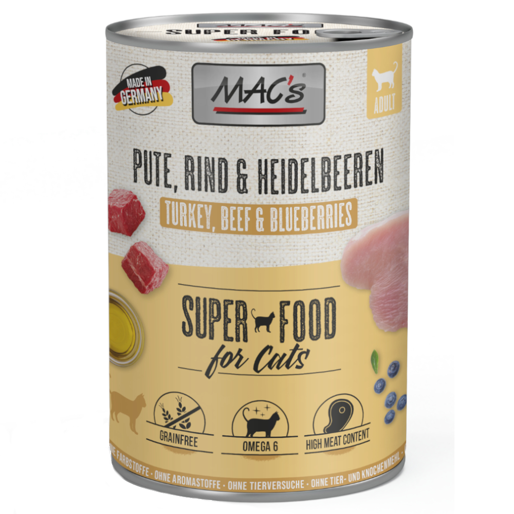 Sparpaket MAC´s Cat 24 x 400 g - Pute, Rind & Heidelbeeren Sparpaket MAC´s Cat 24 x 400 g - Pute, Rind & Heidelbeeren von MAC's