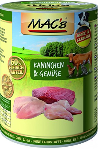 MACs Dog Kaninchen & Gemüse | 6 x 400 g | Alleinfuttermittel für Hunde | getreidefreies Nassfutter mit Gemüse | ohne Soja, Farbstoffe, Tier- und Knochenmehl | Mit 60% Fleischanteil von MAC's