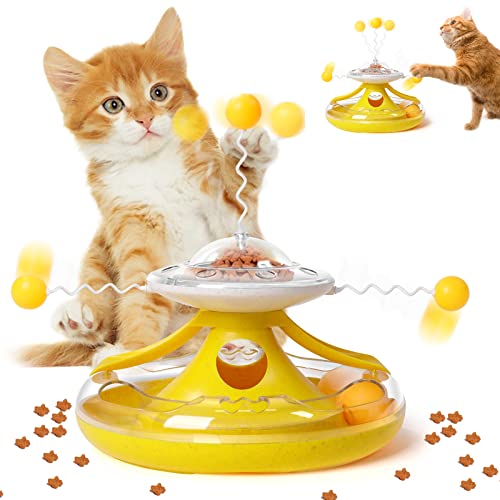 MADDEMCUTE Interaktive Katzen-Ballschiene mit 360° drehbarem Futterauslaufgerät und Katzenstab, Katzenroller-Spielzeug für Indoor-Katzen/Kätzchen, lindert Angst und Langeweile (gelb) von MADDEMCUTE