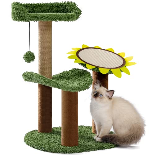 Made4Pets Katzenbaum, grüner Katzenturm mit Plüschstange für kleine Indoor-Kätzchen, Sonnenblumen-Kratzkissen und Sisalstamm von MADE 4 PETS