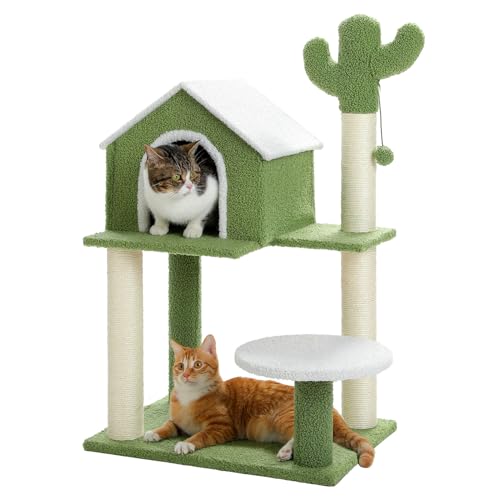 Made4Pets Kratzbaum, 88,9 cm, Katzenbaum mit gemütlicher Katzenhütte, Kaktus-Katzenbaum für Erwachsene, niedlicher Katzenbaum mit Katzenhaus, gemütliche Plattform für Katzen, Kätzchen zum Spielen, von MADE 4 PETS
