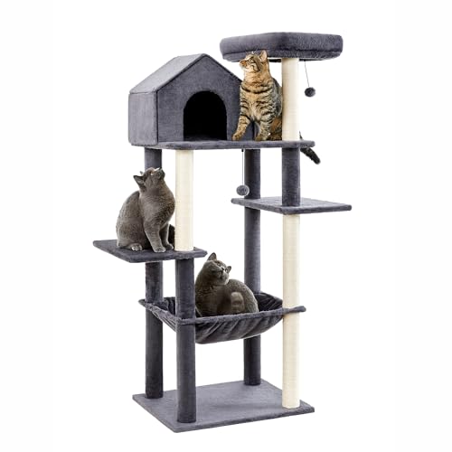 Made4Pets Katzenturm für Indoor-Katzen, mehrstufiger Katzenbaum mit Plüsch-Hängematte, gemütliches Katzenhaus, Kratzstämme, Sitzstange oben und 2 hängende Bälle von MADE 4 PETS
