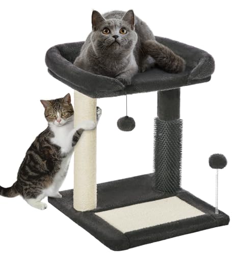 Made4Pets Kleiner Kratzbaum Turm, Katzenkratzbaum 4-in-1 mit Katzen-Selbstpflegebürste, 50,8 cm hoch, natürlicher Sisal, weiches Plüsch-Katzenbett mit baumelndem Ball für Indoor-Kätzchen, Dunkelgrau von MADE 4 PETS