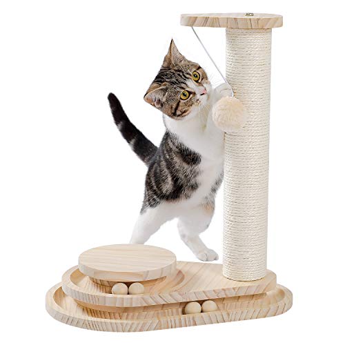 Made4Pets Kratzbaum, Katzenkratzbaum, Kätzchenspielzeug für Indoor-Katzen, Holzkugelschiene, zweilagig, modernes Sisal, 45 cm hoch, interaktives Spielzeug mit baumelndem Ball von MADE 4 PETS