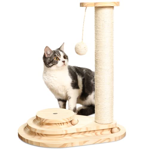 Made4Pets Kratzbaum für Indoor-Katzen mit stabiler, breiter Basis, 48 cm hoher Holzballspielzeug mit 2-stufiger Schiene für kleine Kätzchen, natürliches Sisalseil und Ball für Spaß von MADE 4 PETS