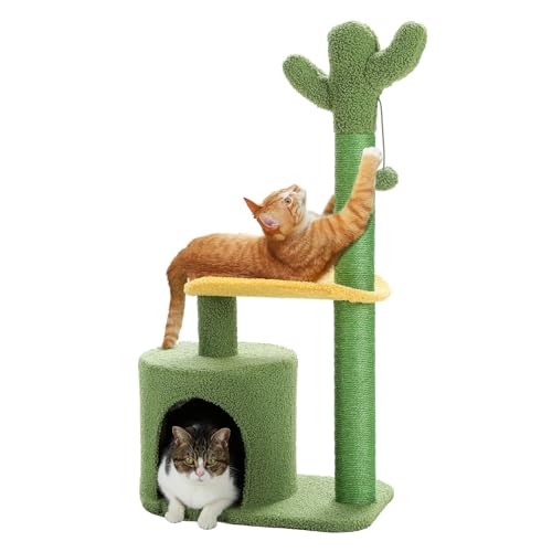 Made4Pets Katzenbaum, 91,9 cm, Kaktus-Katzenbaumturm mit Sisal-Kratzstämmen für Indoor-Katzen, gemütliches Katzen-Wohnhaus, Plüsch-Sitzstange und flauschiger Ball für kleine Katzen, Kätzchen von MADE 4 PETS