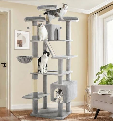Made4Pets hoher Kratzbaum, 203,2 cm, für Indoor-Katzen, große Erwachsene, moderner Katzenturm mit Kratzbaum, gemütliche Hängematte, 3 Sitzstangen und 2 Höhlen, robust und flauschig, Hellgrau von MADE 4 PETS
