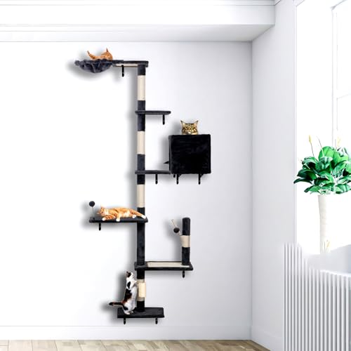 Katzenregale für die Wand, 5-stöckiger Teppich-Kletterturm mit Kratzbaum, Plattformen, baumelnde Bälle, Höhle, geeignet für Katzen, Klettern, Springen, Nickerchen, Kratzen, dunkel Katzenregale für die Wand, 5-stöckiger Teppich-Kletterturm mit Kratzbaum, Plattformen, baumelnde Bälle, Höhle, geeignet für Katzen, Klettern, Springen, Nickerchen, Kratzen, dunkel von MADNIU