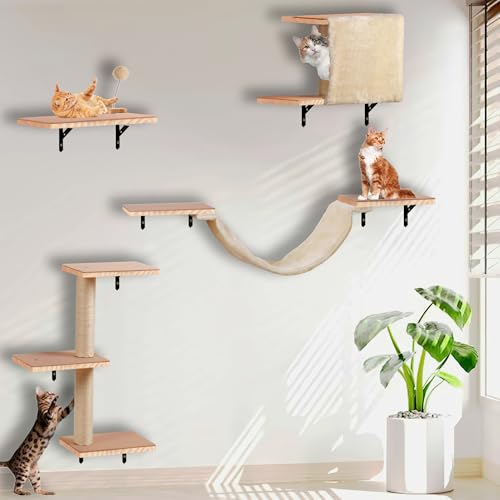 Katzenregale für die Wand, Massivholz, Katzenwandmöbel mit Kratzbaum, Hängematte, Sprungbretter, Stufen, Höhle und Filz-Pads, geeignet für Katzen, Klettern, Springen, Nickerchen, Kratzen, Beige Katzenregale für die Wand, Massivholz, Katzenwandmöbel mit Kratzbaum, Hängematte, Sprungbretter, Stufen, Höhle und Filz-Pads, geeignet für Katzen, Klettern, Springen, Nickerchen, Kratzen, Beige von MADNIU