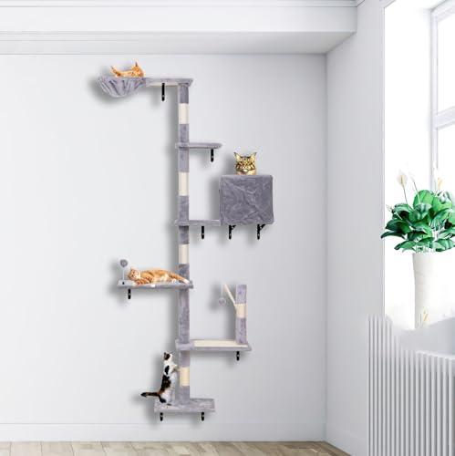 Wandmontiertes Katzenkletter-Set, modernes Katzenmöbel mit Kratzbaum, Plattformen, baumelnden Bällen, Höhle, Anzug für Katzen, Klettern, Springen, Nickerchen, Kratzgrau Wandmontiertes Katzenkletter-Set, modernes Katzenmöbel mit Kratzbaum, Plattformen, baumelnden Bällen, Höhle, Anzug für Katzen, Klettern, Springen, Nickerchen, Kratzgrau von MADNIU