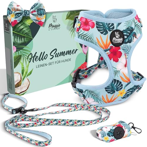 MAGGIE & COOPER Leinen-Set für Hunde – Design Hawaii – 5-teilig: Halsband, Geschirr, Leine, Schleife, Kotbeutelspender – 4 Größen – Geschenkverpackung (M) von MAGGIE & COOPER