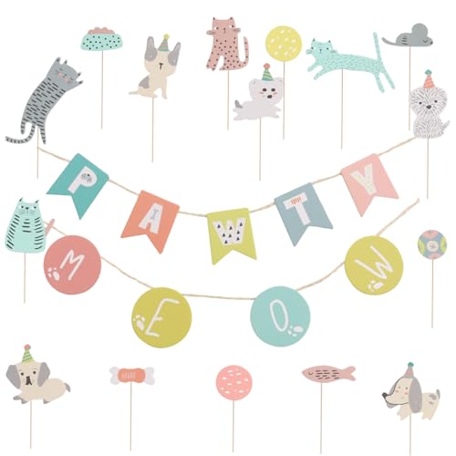 MAGICLULU Haustier-Party-Dekorationen 2 Sets Hund Katze Geburtstags-zubehör Aufkleber Banner Kuchendeckel Feier- von MAGICLULU