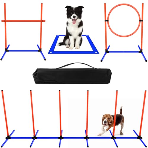 MAICOBI Agility-Trainingsgeräte für Haustiere, 4-teilig, mit Tragetasche, 83 cm Sprungstange, 58,4 cm Reifen, Webstangen, Pausenbox von MAICOBI