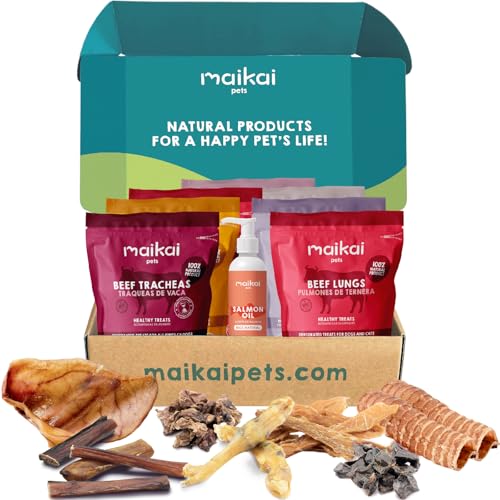 MAIKAI® Hundeleckerli - Mix-Pack 100% Naturlich - Hundefutter Box: 7 Hundesnacks getreidefrei + Lachsöl Hunde (250ml) - Kauknochen Hund - Schweineohren - Rinderkopfhaut - Rinderlunge - Hunde von MAIKAI