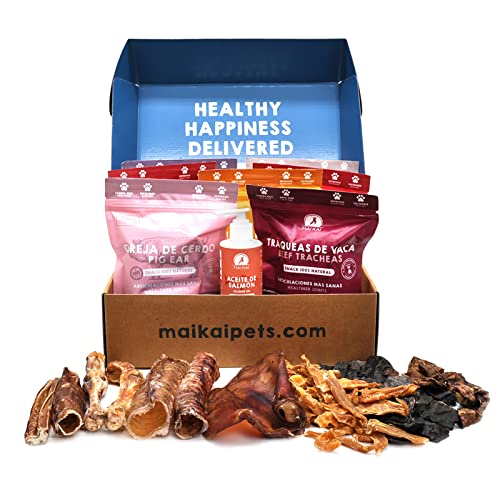 MAIKAI Hundeleckerlis im 7er-Pack + Lachsöl 250 ml - 100% Natürliche Snacks - Barf-Diät - Geburtstagsgeschenke für Hunde - Snacks für Hunde von MAIKAI