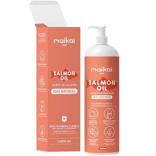 MAIKAI® Lachsöl für Hunde und Katzen, 1 Liter mit Pumpe - Barf Zusatz - Omega 3 und 6 Lachsöl - Fischöl für Welpen, ausgewachsene Tiere und Senioren - Fellpflege, gegen Juckreiz - Shiny Hair von MAIKAI