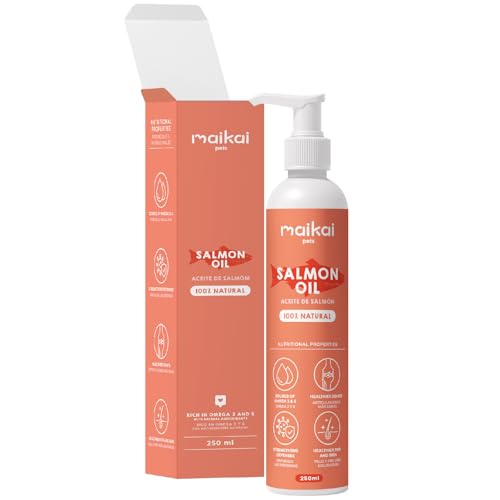 MAIKAI® Lachsöl für Hunde und Katzen, 250ml mit Pumpe - Barf Zusatz - Omega 3 und 6 Lachsöl - Fischöl für Welpen, ausgewachsene Tiere und Senioren - Fellpflege, gegen Juckreiz - Shiny Hair von MAIKAI