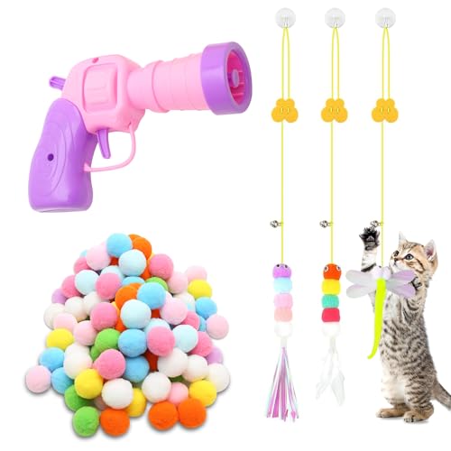 MAIXINNEW Katzenspielzeug Ballwerfer Set, Katzenspielzeug Ball Pistole mit 100 Bunten Plüschball, Plüschball Pistole Katzen mit Hängendes Frühlings Interaktives Katzenspielzeug für Interaktives von MAIXINNEW