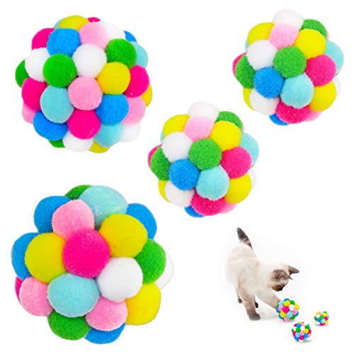 Glockenspielzeug-Ball (4 Stück) – Maiyu bunte Plüschbälle mit integrierter Glocke für Katzen, interaktives Kauspielzeug, weicher Pompon, elastischer Ball, Training im Innenbereich, Spielen von MAIYU