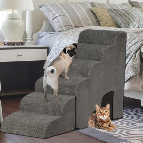MALOROY Hundetreppe für hohe Betten 63,5-76,2 cm hoch, 6-stufige Hundetreppe für Hochbett für Hunde/Kätzchen, 30D Schaumstoff Haustiertreppe Stufen für kleine Hunde, Hunderampe/Leiter für alte von MALOROY