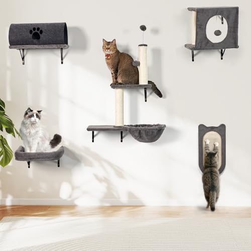 MALOROY Katzen Kletterwand, 5-teilig Stabiles Kletterwand Katzen Set, Wandmontage Katzenkletterwand mit Kratzbaum, Kratzbrett, Katzenhaus, Katzentunnel und Katzenhängematte, bis 10kg, Grau MALOROY Katzen Kletterwand, 5-teilig Stabiles Kletterwand Katzen Set, Wandmontage Katzenkletterwand mit Kratzbaum, Kratzbrett, Katzenhaus, Katzentunnel und Katzenhängematte, bis 10kg, Grau von MALOROY