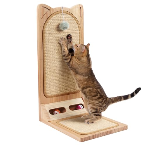 Kratzbrett Katze aus Massivholz, 58 cm Hohe, MALOROY L Förmige Kratzpappe für Katzen, widerstandsfähig Katzenkratzbrett mit Ballspielzeug, Katzen Kratzmöbel für Wand und Ecke Kratzbrett Katze aus Massivholz, 58 cm Hohe, MALOROY L Förmige Kratzpappe für Katzen, widerstandsfähig Katzenkratzbrett mit Ballspielzeug, Katzen Kratzmöbel für Wand und Ecke von MALOROY