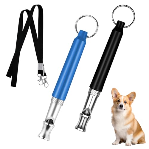 2 Stück Hundepfeife Rütter Rückruf,Hundepfeife Hochfrequenz Lautlos,Erziehungshilfen für Hunde Pfeifen,Hundetraining Hundepfeifen,Trillerpfeife Hund,Metall Dog Whistle mit Schlüsselband (Schwarz+Blau) von MALOUSUN