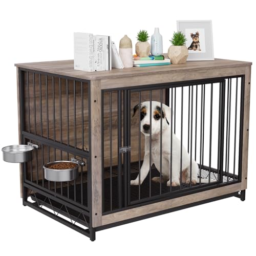 Hundekäfig Möbel für Zuhause, Hundehütte mit 2 Hundenäpfe und Tür, 93cm Holz Hundebox, 93x64x58cm, Hundehaus für mit Abnehmbares Tablett, für Mittelgroße Kleine Hunde bis zu 40kg (Grau) von MAMIZO