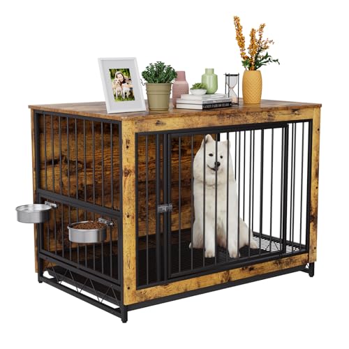 Hundekäfig Möbel für Zuhause, Hundehütte mit 2 Hundenäpfe und Tür, 93cm Holz Hundebox, 93x64x58cm, Hundehaus für mit Abnehmbares Tablett, für Mittelgroße Kleine Hunde bis zu 40kg (Holzfarbe) von MAMIZO