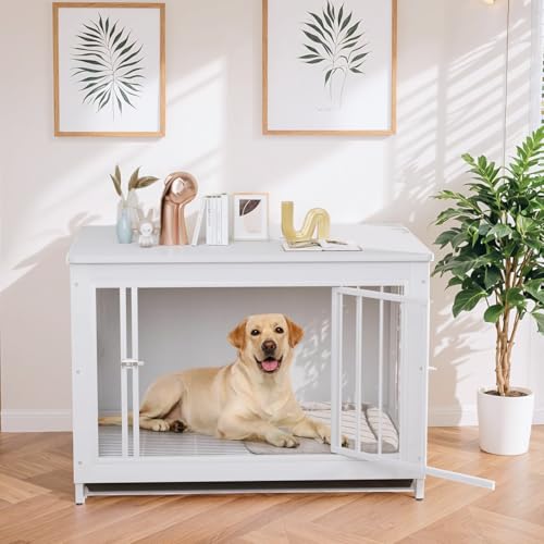 Hundekäfig Möbel für Zuhause, Hundehütte mit 2 Hundenäpfe und Tür, 93cm Holz Hundebox, 93x64x58cm, Hundehaus für mit Abnehmbares Tablett, für Mittelgroße Kleine Hunde bis zu 40kg (Weiß) von MAMIZO