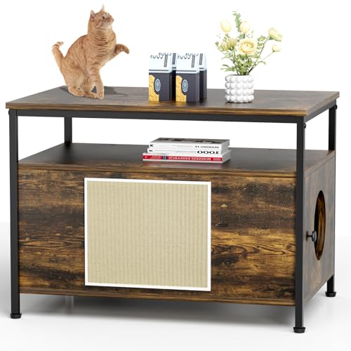 Katzenklo Schrank, Holz Katzenhaus mit Katzenhöhle, 80 x 50 x 59 cm, Katzentoilette mit Offenem Regal, Katzenschrank Groß, XXL, für Große Katzen und Haustiere, Fellnasen (Tigerholzfarbe, XL) von MAMIZO