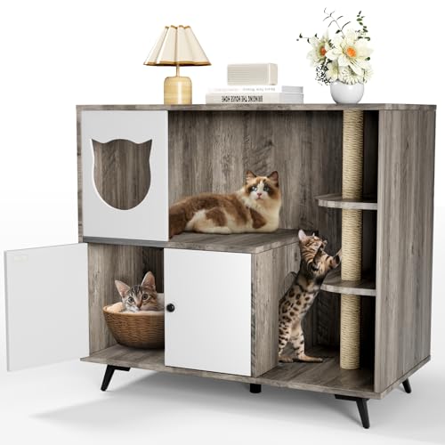 MAMIZO Katzenklo Schrank, Katzenschrank für Katzentoilette, 98x91x50CM, Katzentoilette Schrank mit Kratzbaum, Versteckt Katzenkloschrank mit Tür, Katzenhaus Katzenhöhle Tragfähigkeit 50 KG, Hellgrau MAMIZO Katzenklo Schrank, Katzenschrank für Katzentoilette, 98x91x50CM, Katzentoilette Schrank mit Kratzbaum, Versteckt Katzenkloschrank mit Tür, Katzenhaus Katzenhöhle Tragfähigkeit 50 KG, Hellgrau von MAMIZO