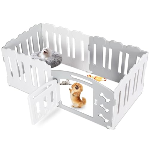 MAMIZO Welpenauslauf 60CM Hoch Welpenlaufstall, Laufstall Hund 5+1 PCS Platten, Plastik Welpenzaun, Hundeauslauf mit Tor, Inkl. Saugnäpfe & Erdanker, Drinnen Hundelaufstall für Wohnung, Grau-Weiß von MAMIZO