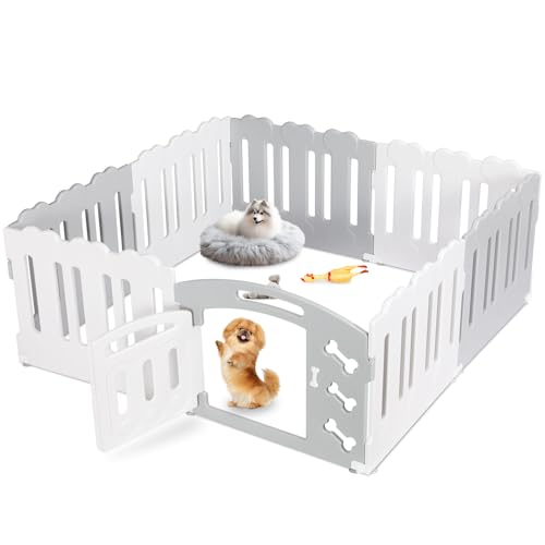 MAMIZO Welpenauslauf 60CM Hoch Welpenlaufstall, Laufstall Hund 7+1 PCS Platten, Plastik Welpenzaun, Hundeauslauf mit Tor, Inkl. Saugnäpfe & Erdanker, Drinnen Hundelaufstall für Wohnung, Grau-Weiß von MAMIZO