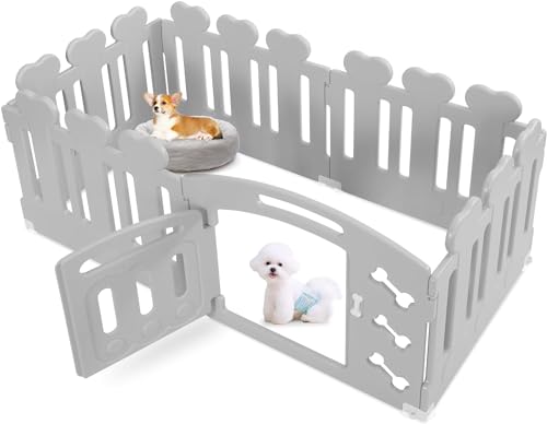 MAMIZO Welpenauslauf 60cm, Laufstall Hund 5+1 PCS Platten, Plastik Welpenlaufstall, Faltbare Hundegitter, Hundezaun mit Tor, Inkl. Saugnäpfe & Erdanker, Hundekäfig für Zuhause und Outdoor, Grau von MAMIZO