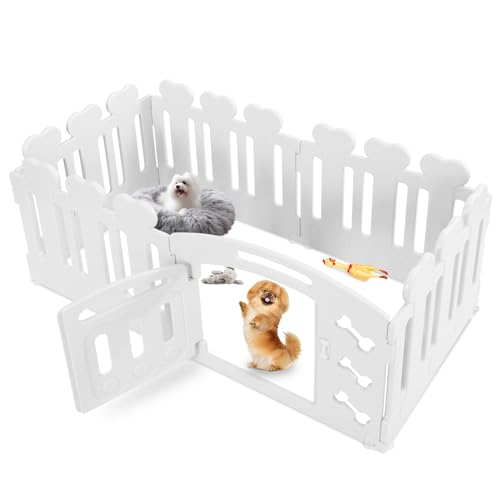 MAMIZO Welpenauslauf 60cm, Laufstall Hund 5+1 PCS Platten, Plastik Welpenlaufstall, Faltbare Hundegitter, Hundezaun mit Tor,Inkl. Saugnäpfe & Erdanker, Hundekäfig für Zuhause und Outdoor, Weiß von MAMIZO