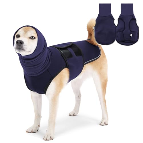 Beruhigende Hunde-Kapuzenweste, atmungsaktive Angstjacke mit Kopfbedeckung für Angstlinderung und Ohrenschutz, verstellbares Geschirr mit weichem Kapuzenpullover für Hunde, Marineblau, Größe 3XL von MAMORE