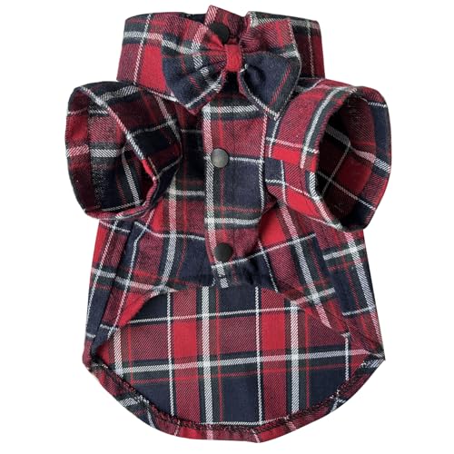 Kariertes Hunde-Shirt, weich, lässig, Haustier-Shirt, Kleidung, Hunde-Baumwollhemd mit Fliege für Hochzeit, Weihnachtskostüme (Rot und Blau, Größe XS) von MAMORE