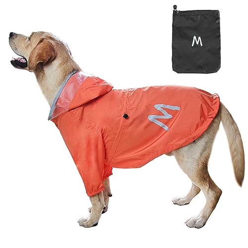 MAMORE Hunde-Regenmantel, Hundeponcho mit transparenter Kapuze und 2 Beinen, wasserdichte und verstellbare Hundejacke mit reflektierenden Streifen für kleine, mittelgroße und große Hunde (Orange, M) von MAMORE