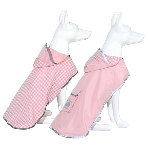 MAMORE Hunde-Regenmantel, wendbar, wasserdicht, mit Kapuze, zupfender Poncho mit reflektierenden Streifen, kariert, doppellagig, Regenjacke für kleine, mittelgroße und große Hunde (Rosa, Größe XXL) von MAMORE