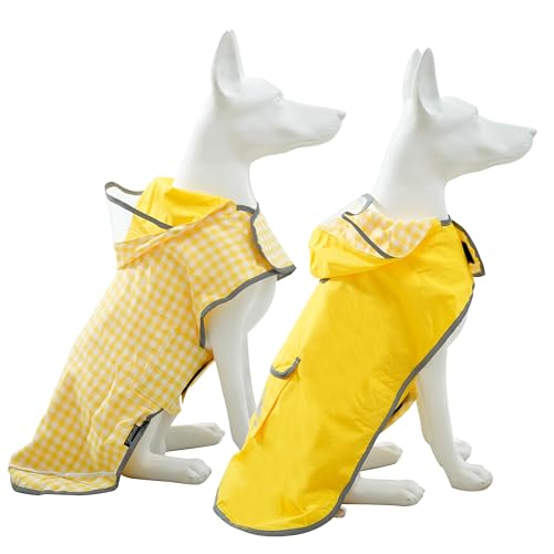 MAMORE Hunde-Regenmantel, wendbar, wasserdicht, mit Kapuze und reflektierendem Streifen, kariert, doppellagig, Regenjacke für kleine, mittelgroße und große Hunde (Gelb, M) von MAMORE
